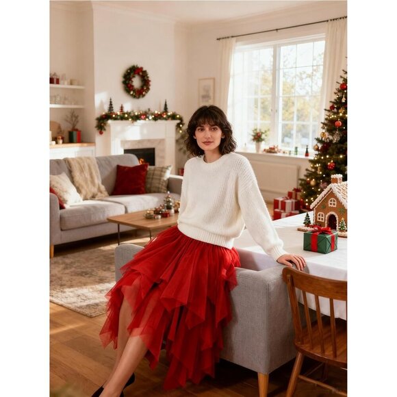 Tulle Red for Women High Waist Elastic Midi Skirt Mesh Tutu Skirt - Picture 4 of 6